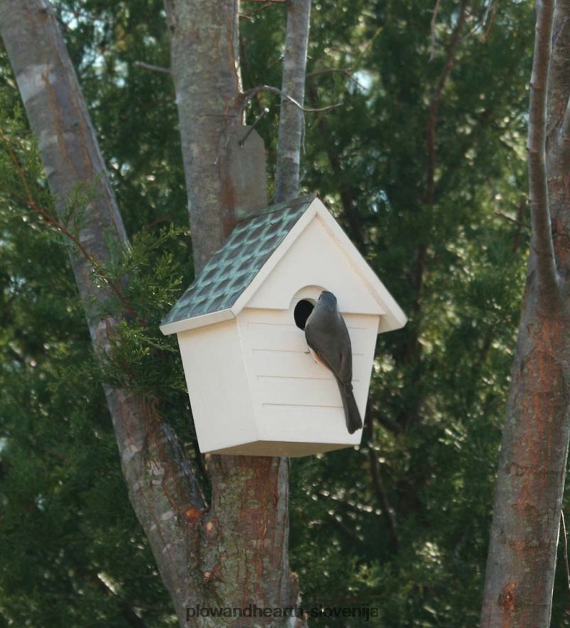 viseča ptičja hišica iz trdega lesa v slogu koče z bakreno streho rdeče barve Plow & Hearth 2V4608876 dvorišče & vrt