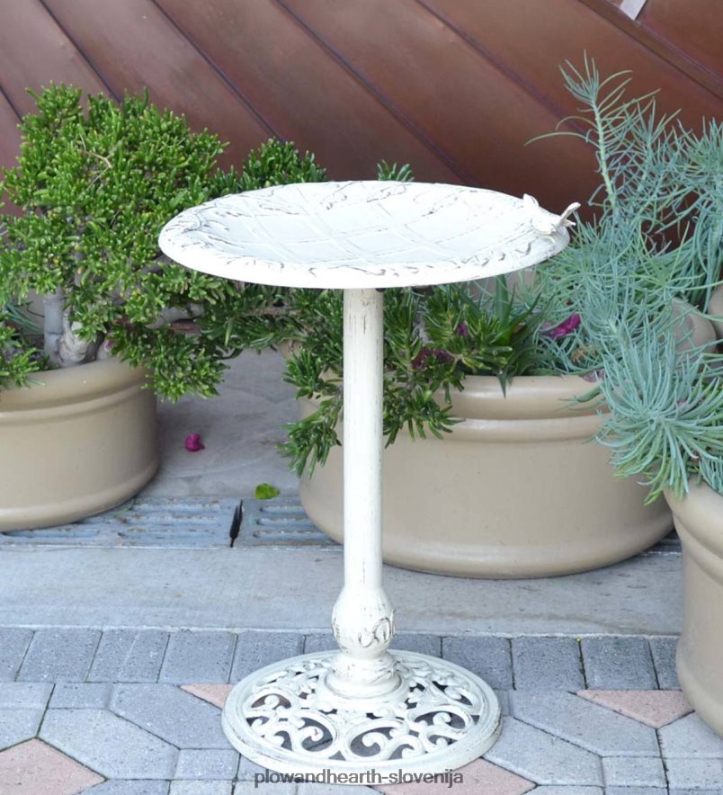 angleška kovinska ptičja kopel bršljan - vintage bela Plow & Hearth 2V4608835 dvorišče & vrt