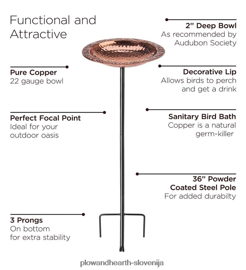 ptičja kopel iz čistega bakra na prašno lakiranem jeklenem drogu s trdnim trikrakim drogom Plow & Hearth 2V4608830 dvorišče & vrt