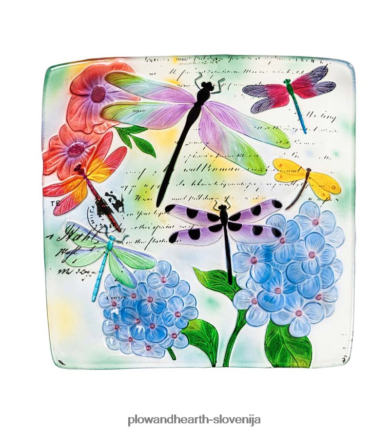 ročno poslikan reliefni kvadratni stekleni kačji pastir in rože ptičja kad Plow & Hearth 2V4608843 dvorišče & vrt