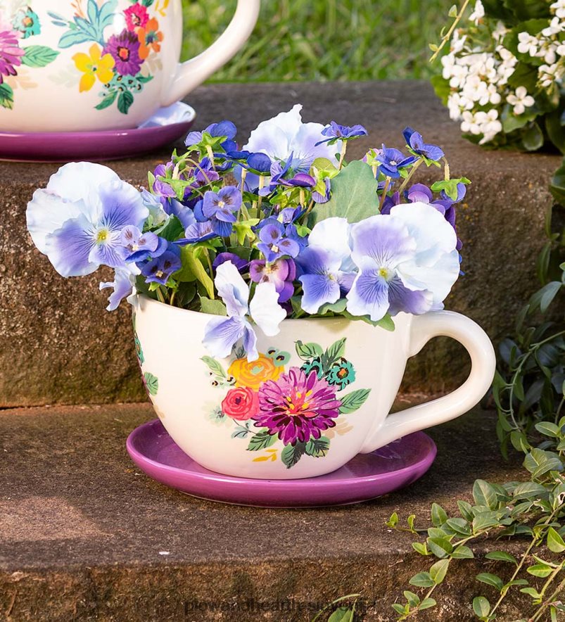 keramična cvetlična skodelica čaja za notranjo/zunanjo uporabo s krožničkom - roza Plow & Hearth 2V4608117 dvorišče & vrt