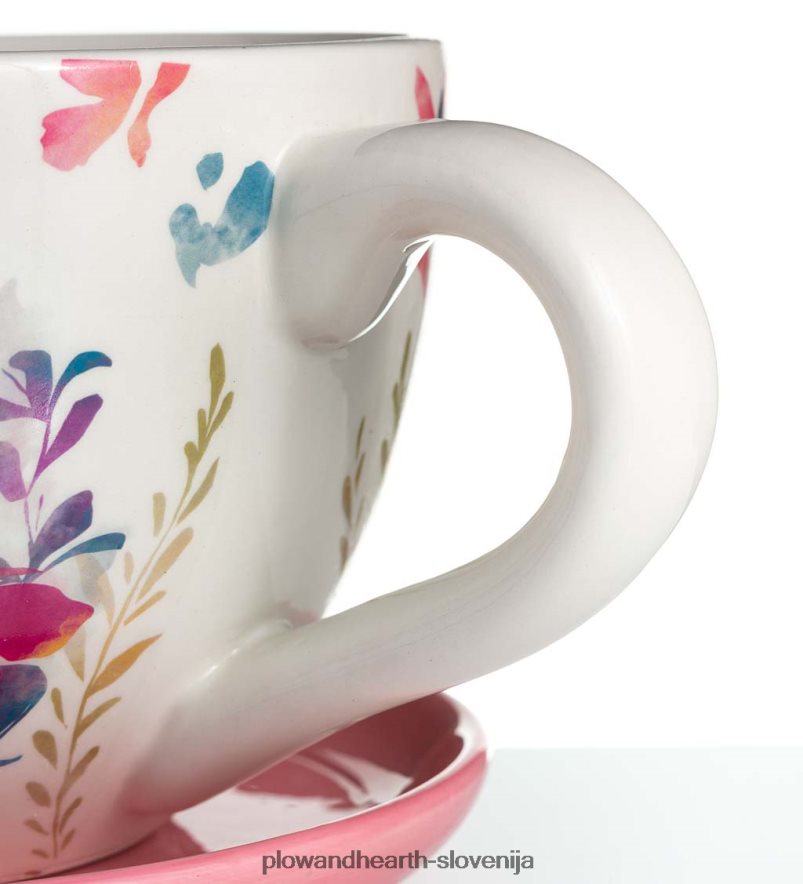 keramična cvetlična skodelica čaja za notranjo/zunanjo uporabo s krožničkom - roza Plow & Hearth 2V4608117 dvorišče & vrt