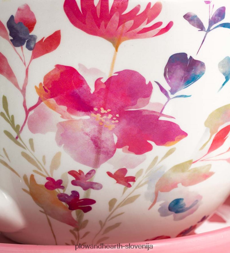 keramična cvetlična skodelica čaja za notranjo/zunanjo uporabo s krožničkom - roza Plow & Hearth 2V4608117 dvorišče & vrt