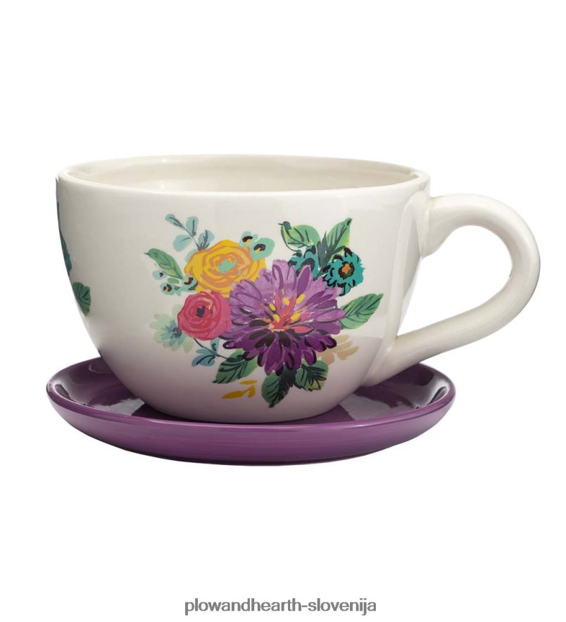 keramična cvetlična skodelica čaja za notranjo/zunanjo uporabo s krožničkom - roza Plow & Hearth 2V4608117 dvorišče & vrt