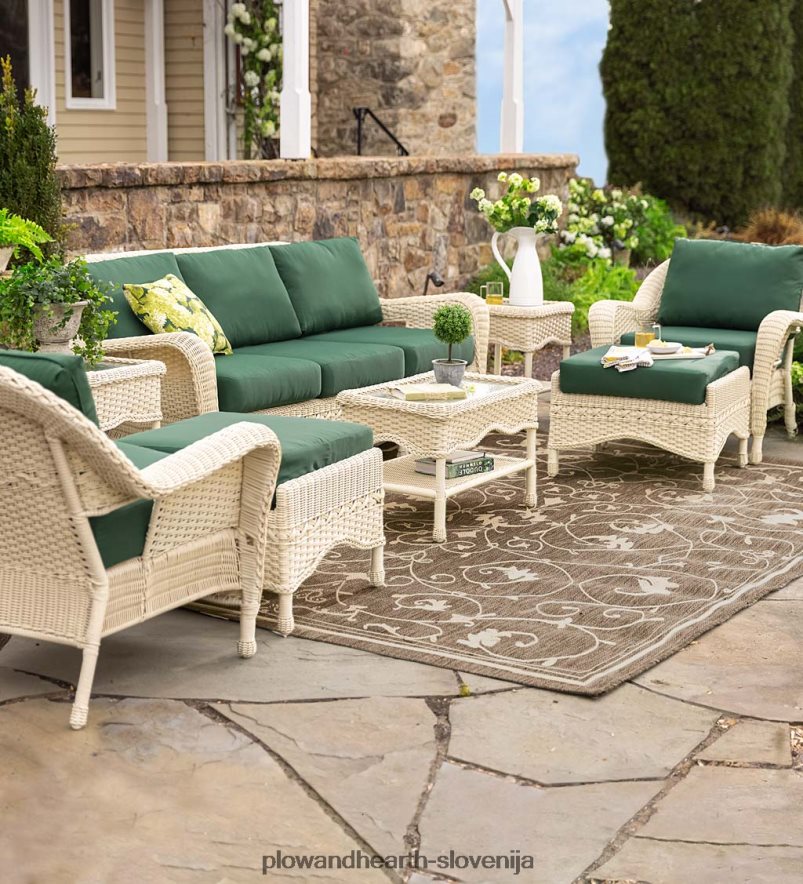 prospect hill zunanja pletena sedežna garnitura z blazinami - oblak bela z gozdno zelenimi blazinami Plow & Hearth 2V46081078 gospodinjska posoda