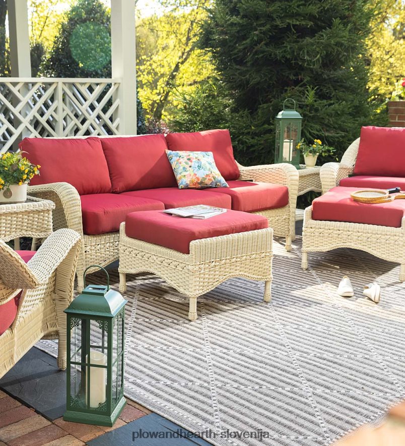 prospect hill zunanja pletena sedežna garnitura z blazinami - oblak bela z gozdno zelenimi blazinami Plow & Hearth 2V46081078 gospodinjska posoda