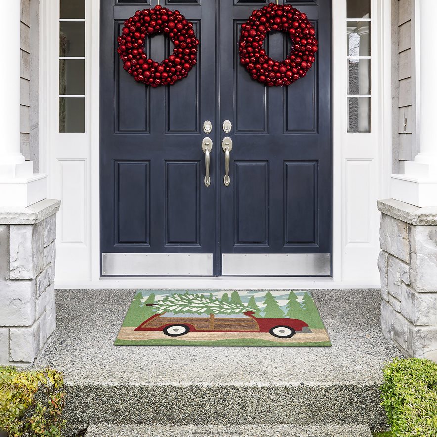 notranja/zunanja ročno zataknjena božična preproga s poudarkom na boru Plow & Hearth 2V46081321 gospodinjska posoda