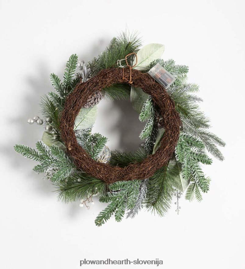 osvetljen srebrn zimzelen praznični venec Plow & Hearth 2V46081712 gospodinjska posoda