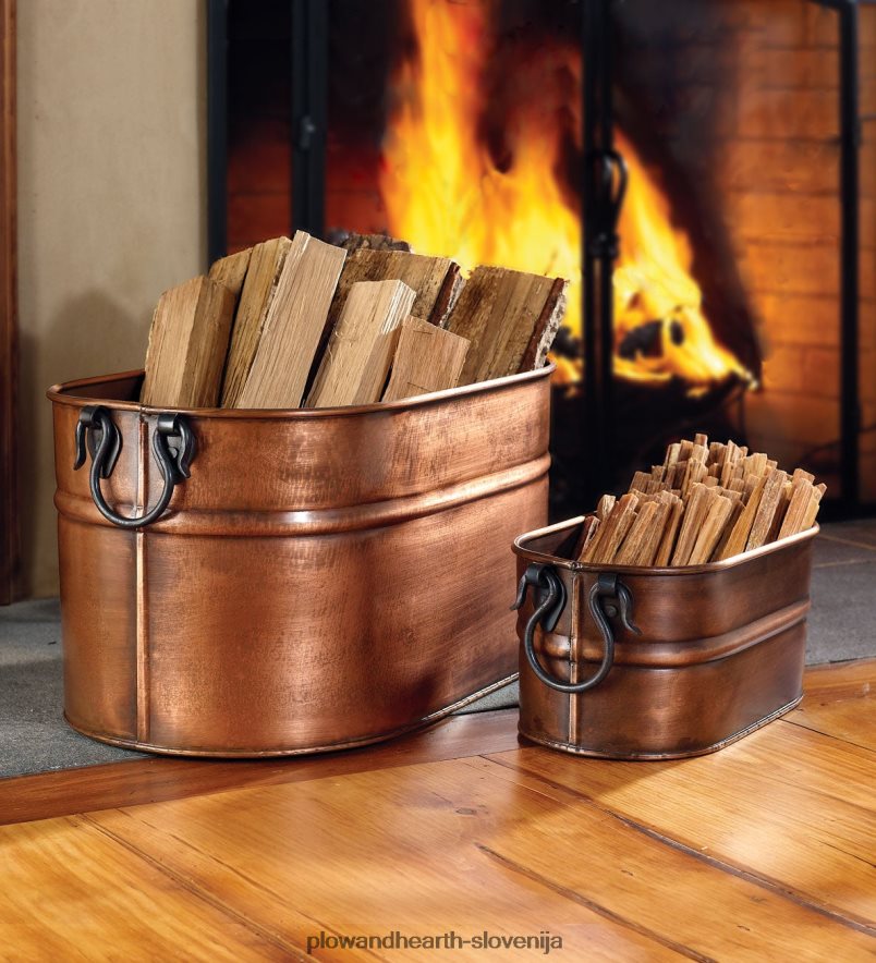bakreno obdelano vedro za drva Plow & Hearth 2V46082707 Ognjišče