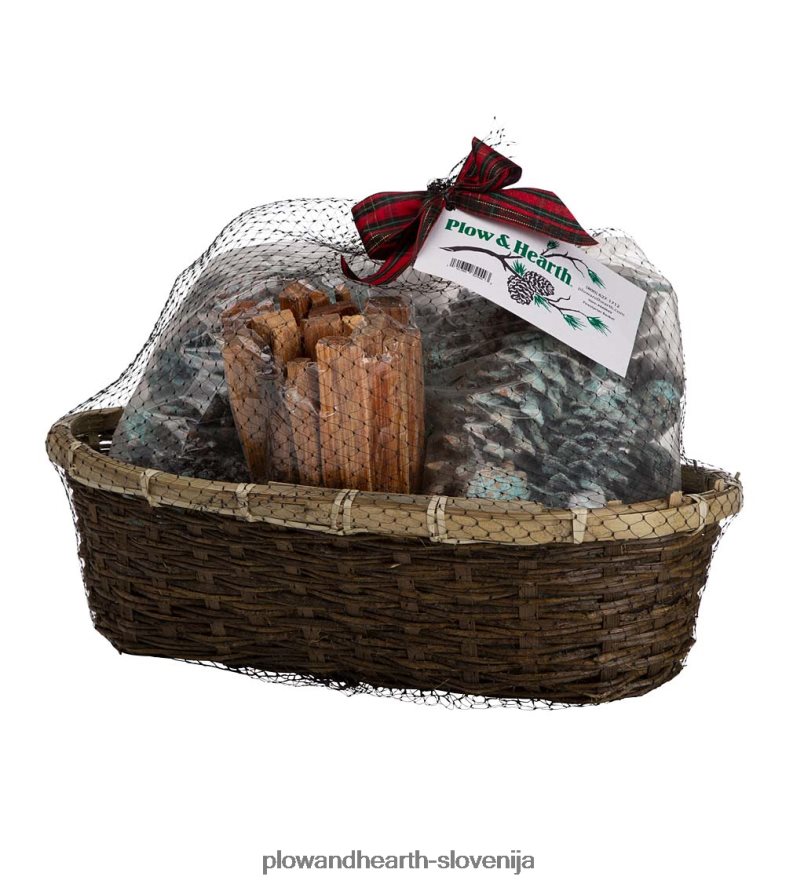 praznična darilna košara za podžig ognja z lesom, barvnimi stožci in voščenimi stožci Plow & Hearth 2V46082706 Ognjišče