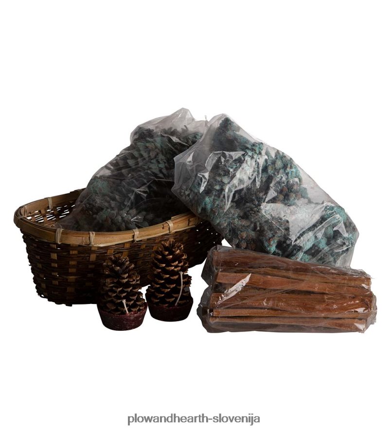 praznična darilna košara za podžig ognja z lesom, barvnimi stožci in voščenimi stožci Plow & Hearth 2V46082706 Ognjišče