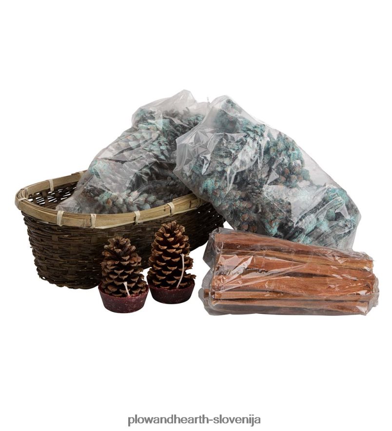 praznična darilna košara za podžig ognja z lesom, barvnimi stožci in voščenimi stožci Plow & Hearth 2V46082706 Ognjišče