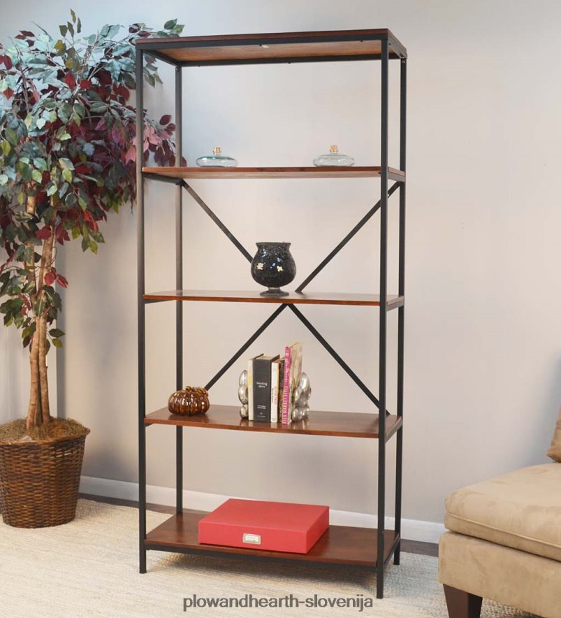 72 -visoka petopolna lesena in kovinska knjižna omara - kostanj Plow & Hearth 2V46082113 pohištvo